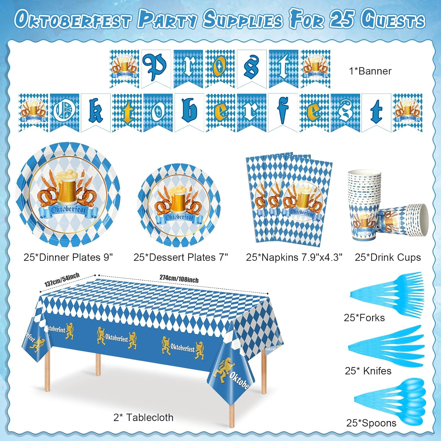 Ragnhild Oktoberfest Party Supplies Decorations, Blue & White Checkered Flag Tablecloth, Banner, Plates, Napkins, Cutlery Set for Oktoberfest Festival image number 3