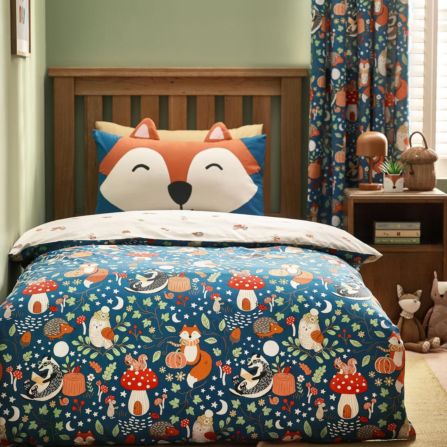 Catherine Lansfield Fox and Woodland Friends Reversible Single Duvet Cover Set with Pillowcase Green