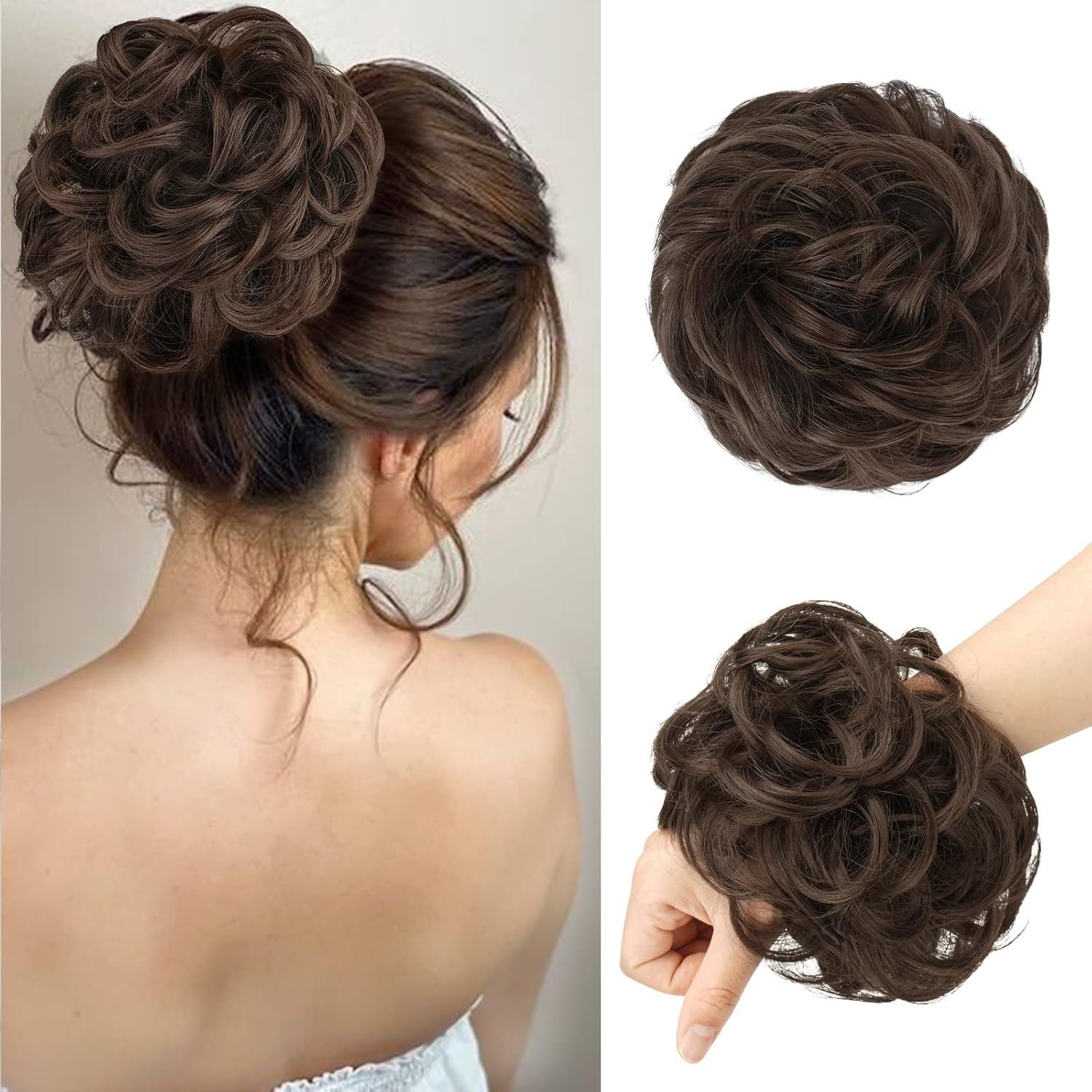 Creamily 2 PCS Messy Bun Hair Piece - Large Wavy Curly Elastic Hair Bun Scrunchies Ponytail Extensions Synthetic Chignon Hairpieces for Women - Medium Brwon