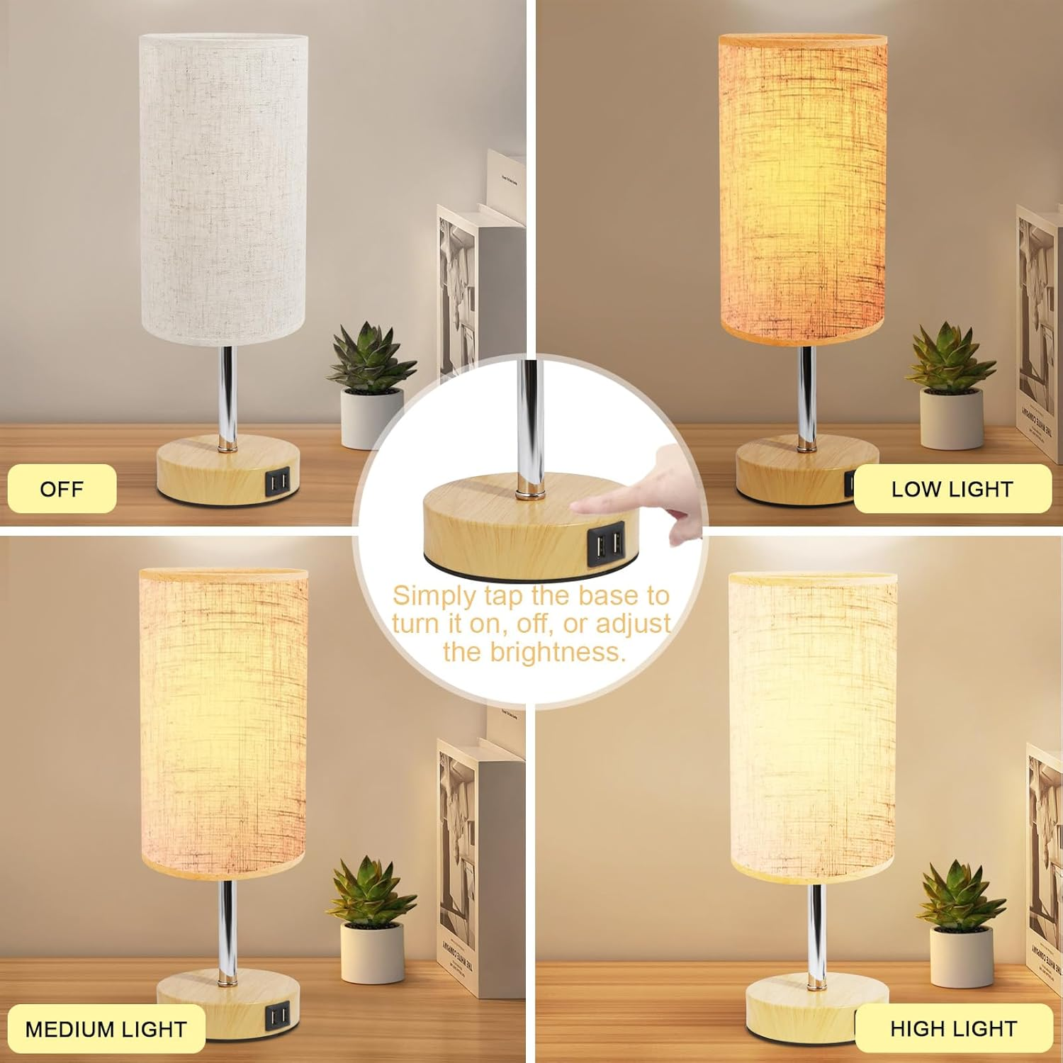 Bedside Table Lamp for Bedroom 3 Way Dimmable Touch Desk Lamp USB Charging Ports Small Lamp Wood Base round Flaxen Fabric Shade for Living Room, Desk, LED Bulb Included image number 6
