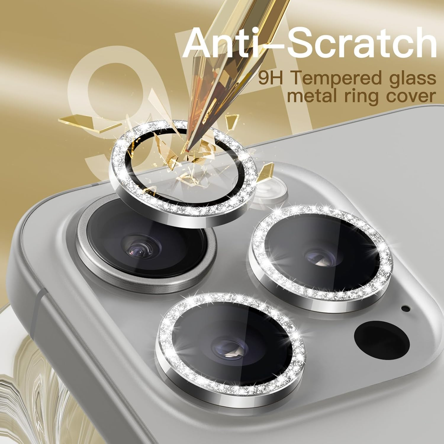 Jetech Camera Lens Protector for Iphone 15 Pro 6.1-Inch and Iphone 15 Pro Max 6.7-Inch, Bling Glitter Individual 9H Tempered Glass Metal Ring Cover, HD Clear, 1 Set (White Titanium) - Natural Titanium image number 4
