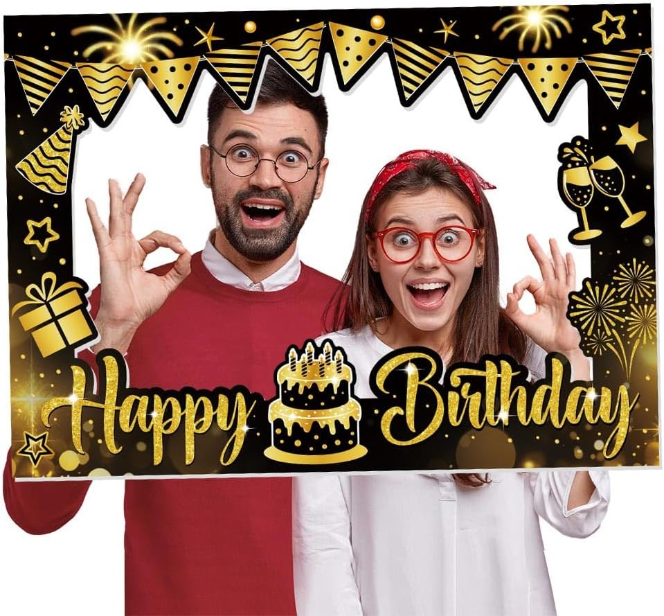 Happy Birthday Photo Frame Prop, Black and Gold Party Decoration, 70 X 50 Cm image number 4