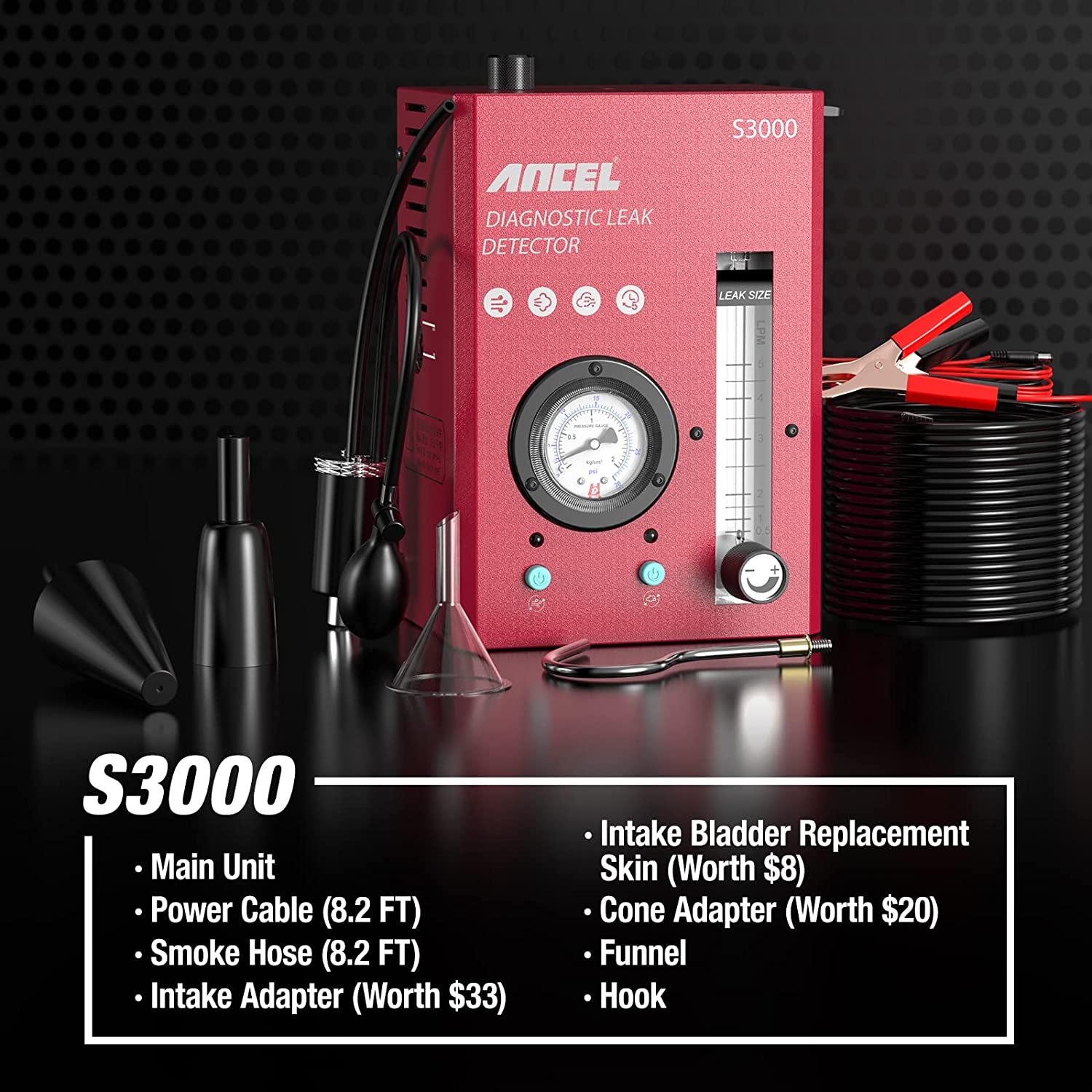 ANCEL S3000 Automotive EVAP Smoke Machine Leak Detector with Oil Level Gauge & Air Flowmeter, 12V Car Pipe Leakage Tester for Vehicle Motorcycle Boat Truck image number 3