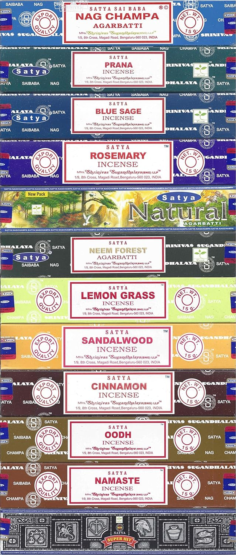 Satya Bangalore (BNG) Incense Set of 12 Nag Champa Namaste Super Hit Neem Forest Prana Oodh Sage Cinnamon Lemongrass Rosemary Natural Sandalwood, Varietypack05 image number 1