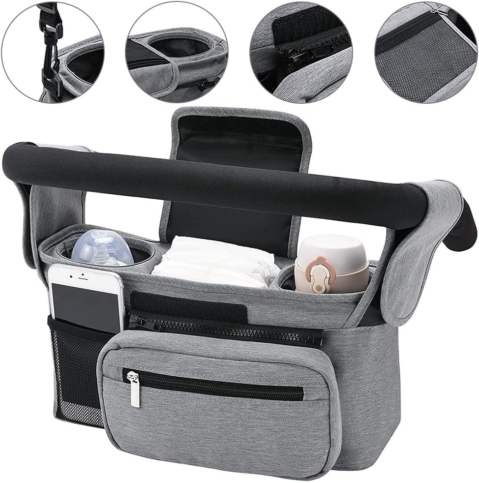 TOMVAES Stroller Organizer with Insulated Cup Holder Detachable Phone Bag, Shoulder Strap and Non-Slip Secure Hooks Stroller Bag Caddy Organizer Accessories Fits for Most Strollers (Grey) image number 3