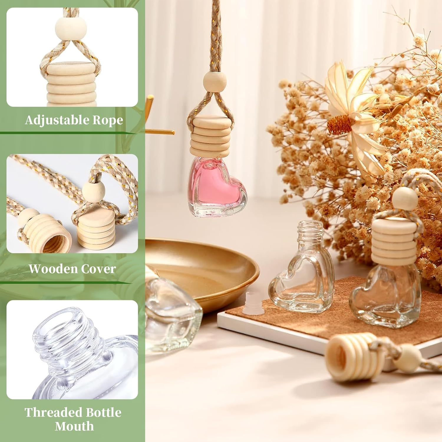 16 Pcs Car Aromatherapy Essential Oil Diffusion Bottle Car Hanging Pendant Ornaments with Wooden Caps and String, Reusable Clear Glass Empty Bottles, Perfume Containers Pendants for Automobile