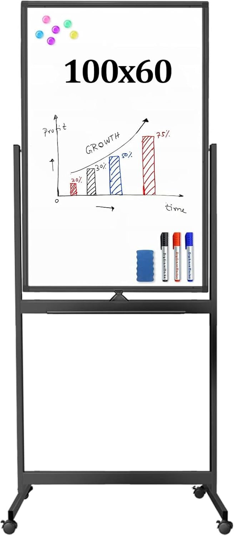 60X100Cm Magnetic Mobile White Board, Double Sided Dry Erase Board Rolling Whiteboard, Standing Whiteboard on Wheels for Home Office Classroom & Home, Black image number 3