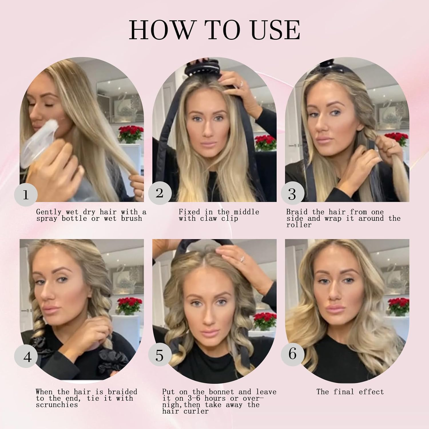 Hroevc No Heat Overnight Curls with Double Layer Satin Bonnet - Soft Hair Curlers to Sleep In, Heatless Curling Rods Set + Silk Bonnet for Women & Girls Long Hair, Heatless Waves & Volume (Pink) image number 5