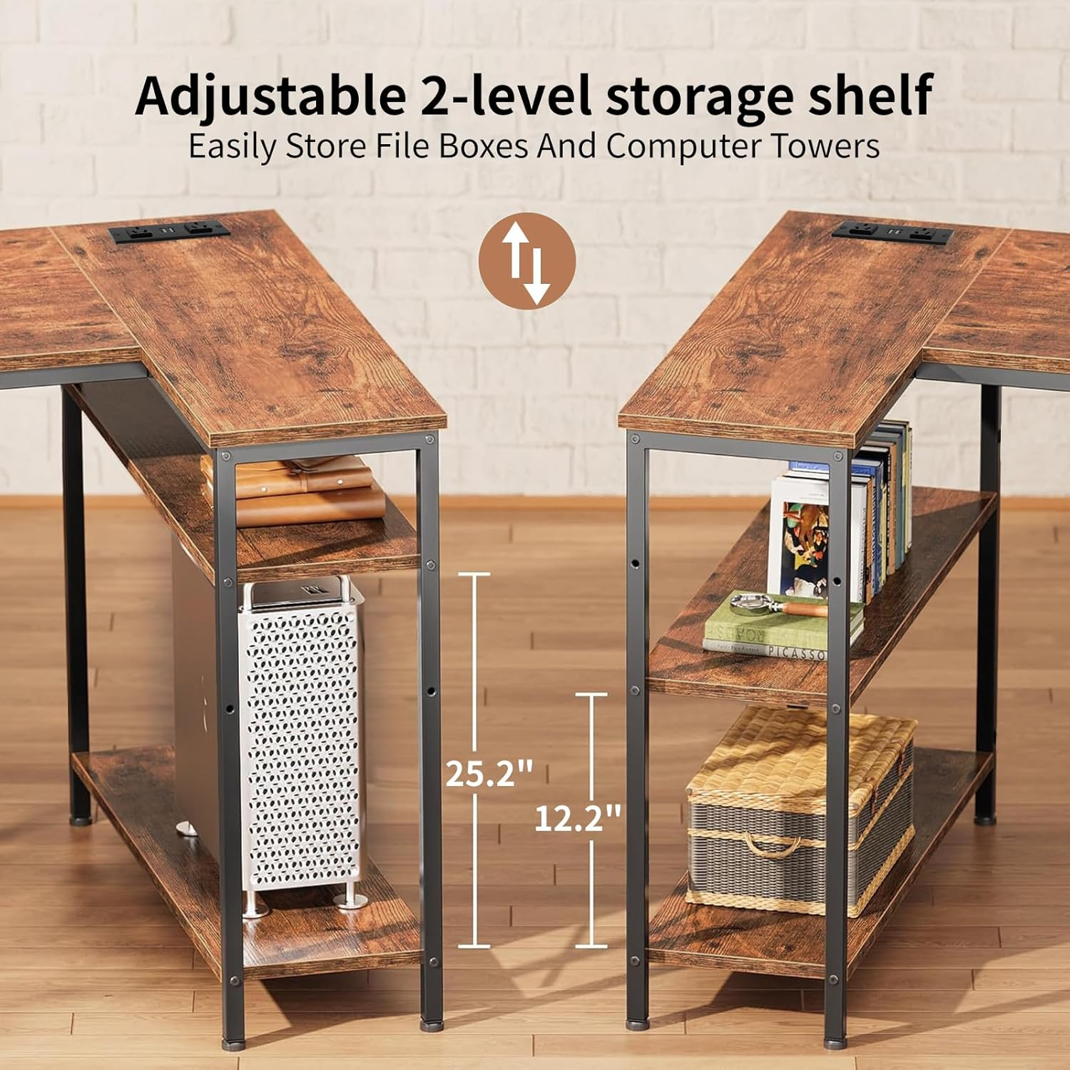 Yildue 66Inch L Shaped Computer Desk with Drawer & Power Outlet, Reversible Corner Desk with Monitor Stands and Storage Shelves, Rustic Wooden Office Desk for Work Gaming image number 3