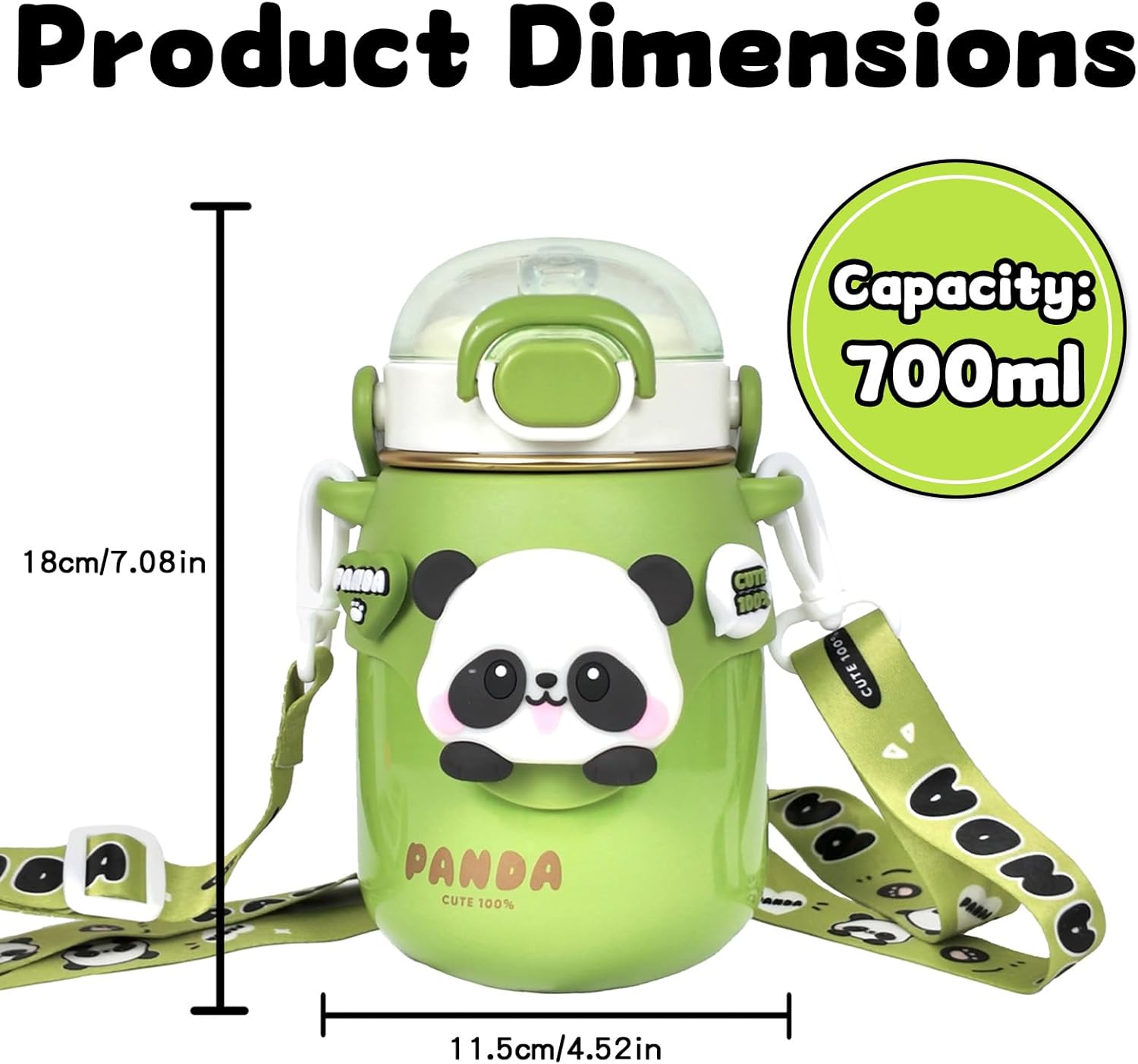 Landofgenie Insulated Stainless Steel Straw Water Bottle Cute Panda Shaped Cup Adjustable Strap Portable Handle Drinking Bottle for Gym, Hiking, School, Office, 24 Oz （Green） image number 3