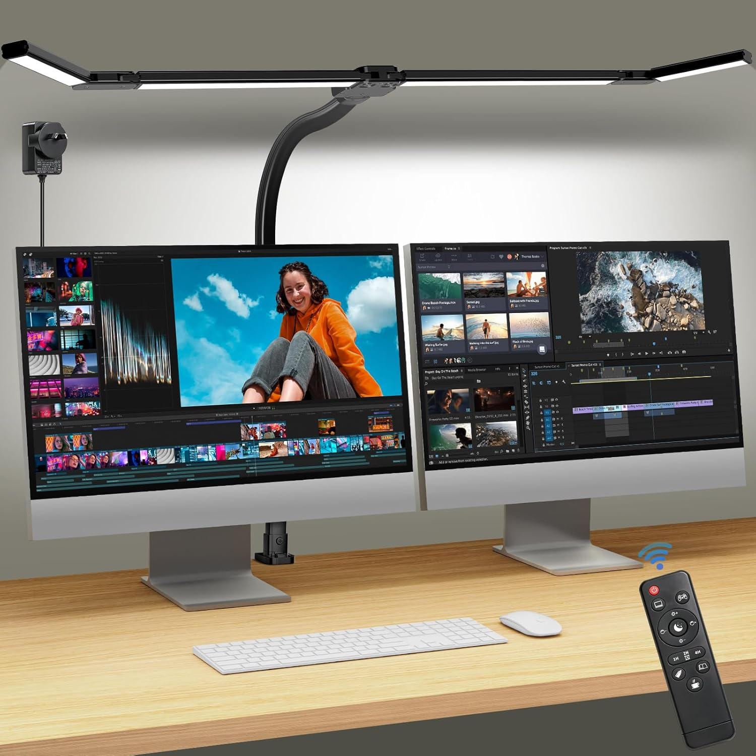 Desk Lamp for Home Office, Extra Width 24W Bright LED Desk Light with Adjustable 4-Segment Bar & Remote, Eye-Caring Gooseneck Architect Desk Lamp with Clamp for Reading Study, Dimmable, Timer