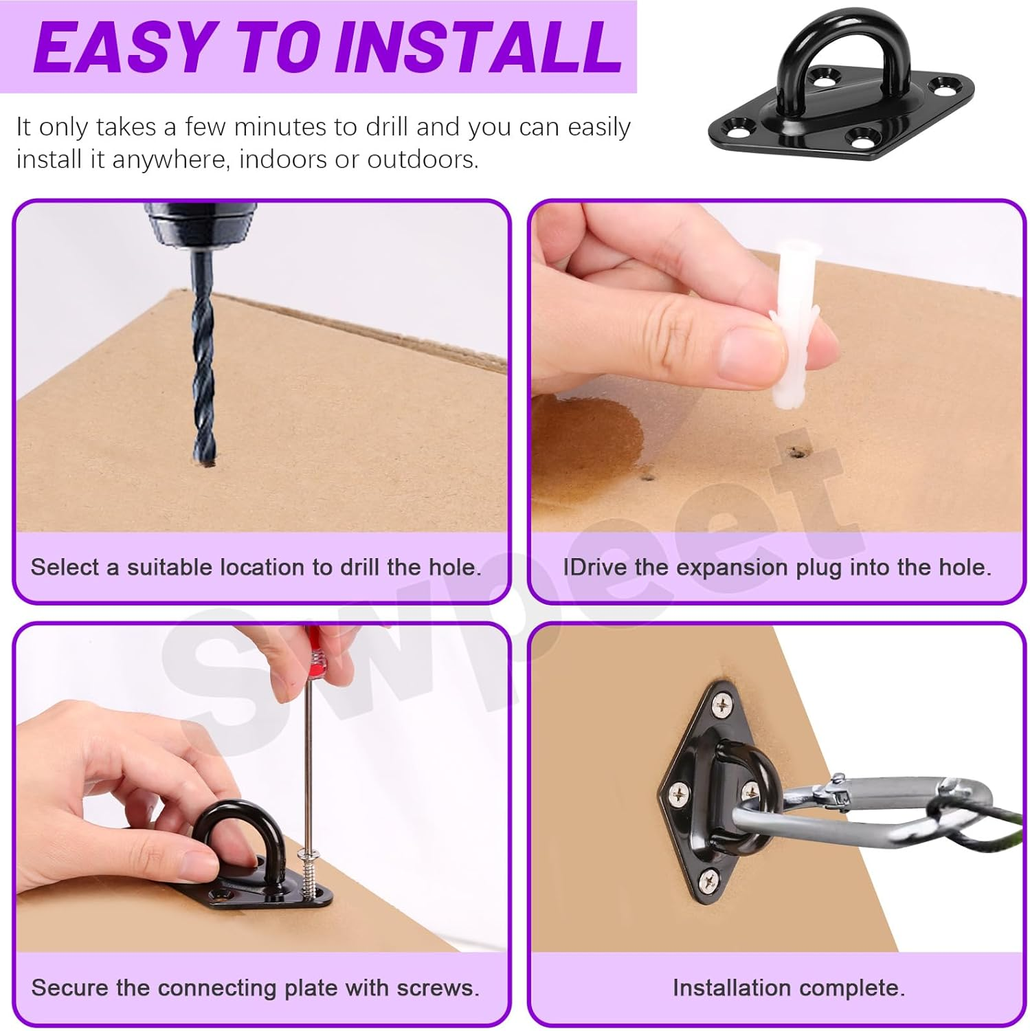 Swpeet 4Pcs M8 304 Stainless Steel Black Rhombus Pad Eye Plate Hook with Screws and Plastic Anchors Assortment Kit, Marine Hardware Hooks Ceiling U Hook Staple Ring Hook for Securing Hanging image number 3