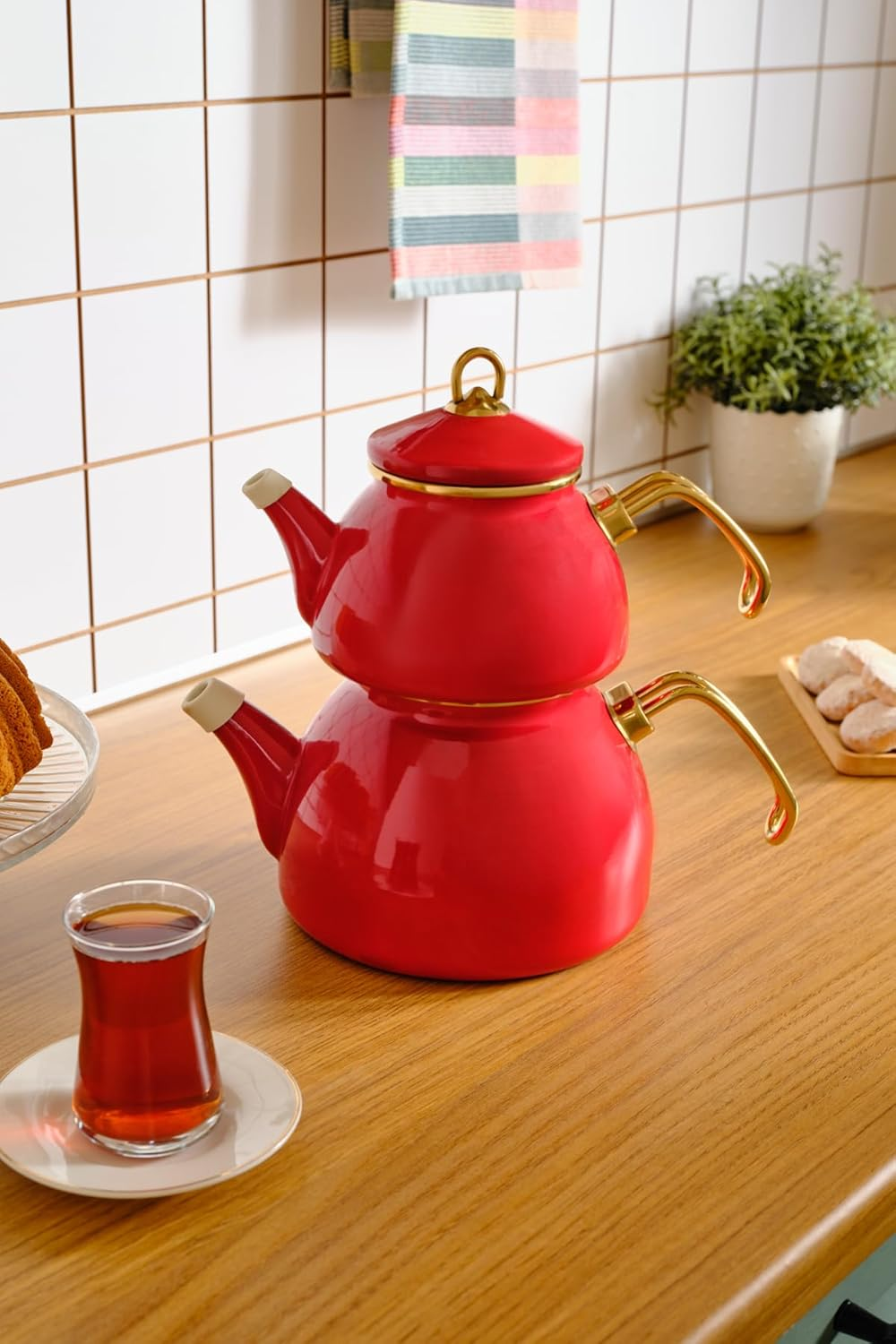 Karaca Retro Enamel Teapot Set, Red, Suitable for Induction, Tea Maker, Kettle, Tea Infusion 1.1 L, Water Jug 2.3 L, Turkish Tea Kettle, Tea Maker, Caydanlik image number 4