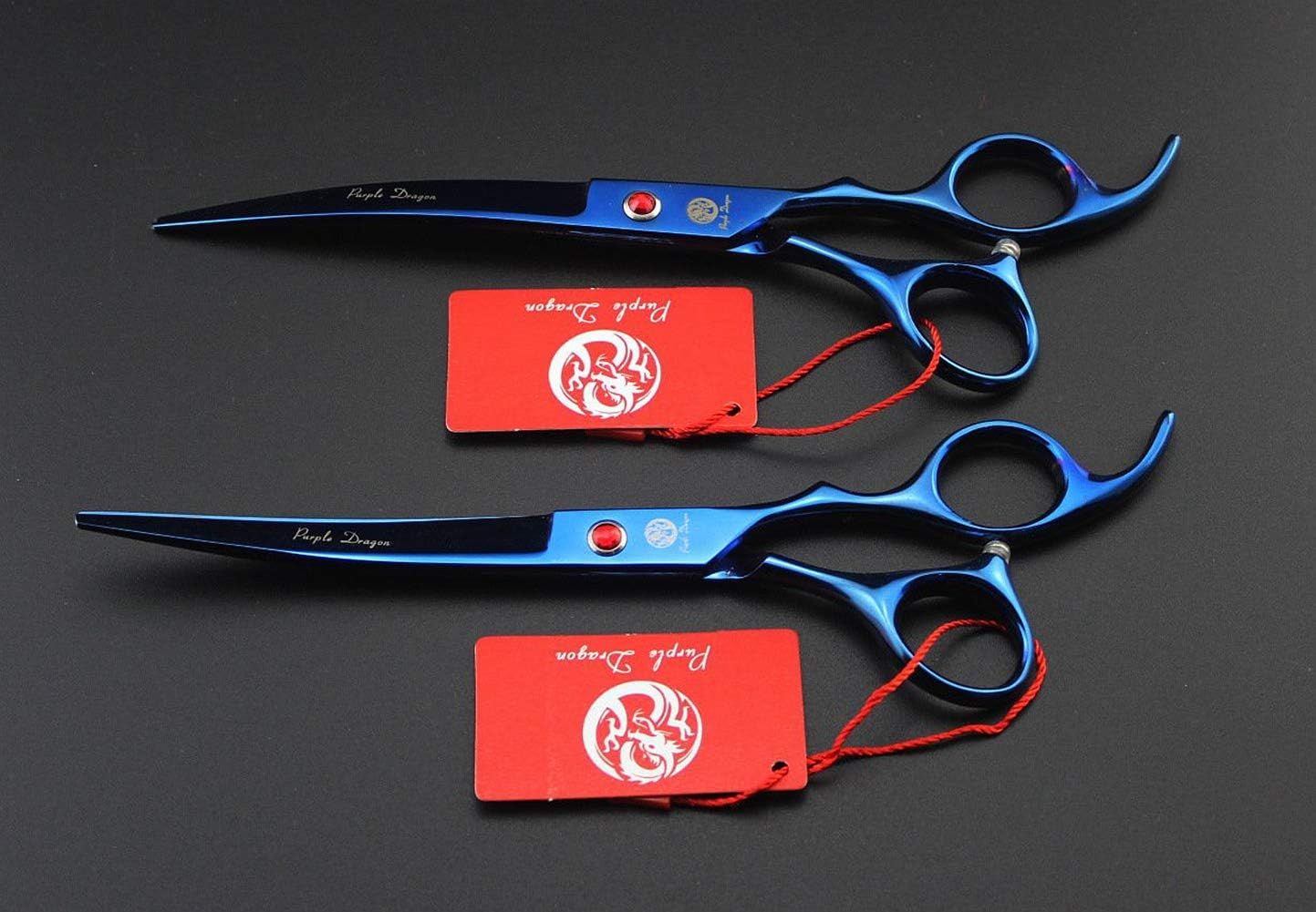 Purple Dragon Professional 7.0 Inch 4PCS Pet Grooming Scissors Kit Japan Premium Steel Straight & Curved & Thinning Blade Dog Hair Cutting Shears Set with Case (Blue) - Blue,Purple image number 6