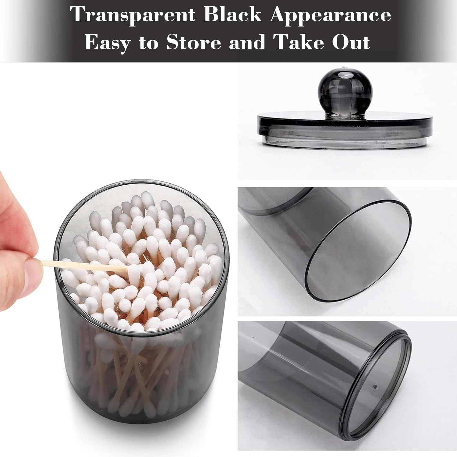 QIXIAOTOUQI 4 Pack Cotton Buds Dispenser, Cotton Pad Holder, Clear Black Cotton Swab Holder ,12 Oz Black Apothecary Jars Bathroom for Cotton Ball, Pads,Floss,Makeup Sponges,Hair Clips image number 5