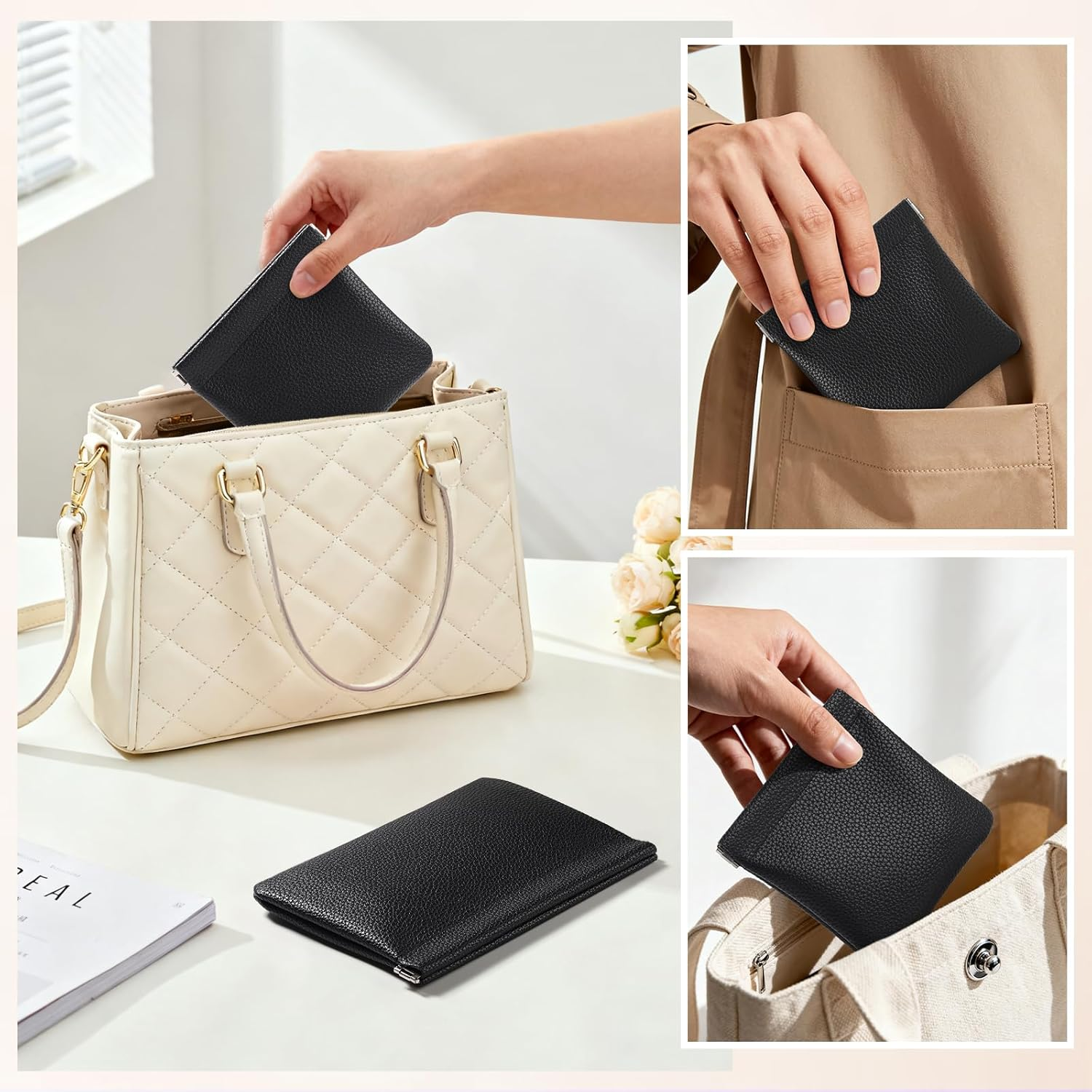 Sightor Leather Pocket Cosmetic Bag for Purse, 2 Pack Small Makeup Bag for Women Coin Purse Lipstick Cosmetic Accessories Organizer Travel Cosmetic Pouch, Black, Solid - Creamy image number 7