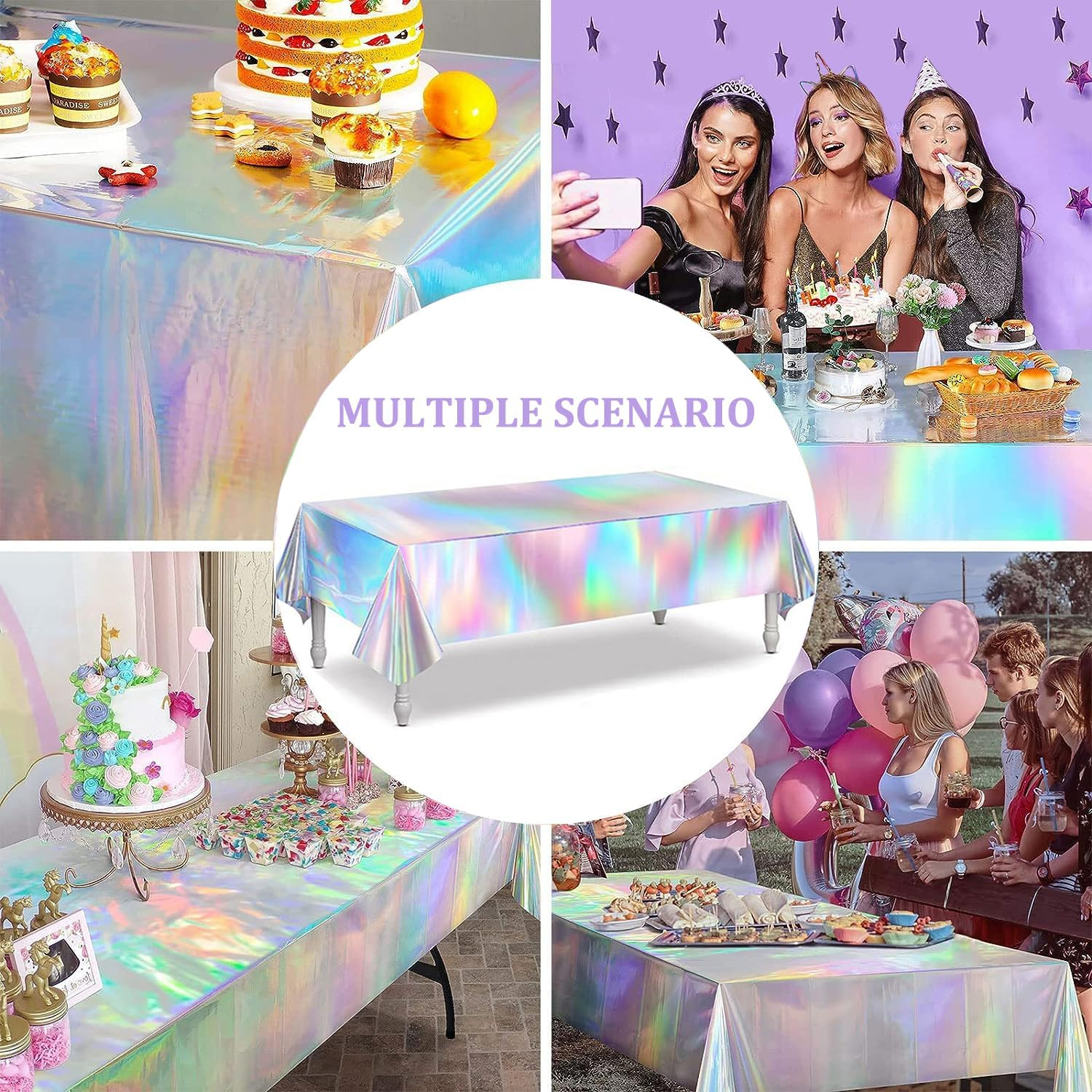 5 Pack Iridescence Plastic Tablecloths Holographic Foil Rectangle Table Covers Birthday Bachelorette Bridal Wedding Iridescent Party Decorations 54" X 108" (5, Multicolor, Large) image number 2