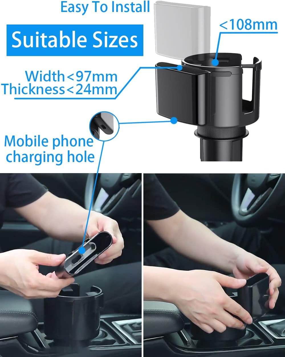 Car Cup Holder Expander Adapter with Phone Holder, 2-In-1 Adjustable Car Cup Holder, Multifunctional Automotive Cup Organizer with 360&deg; Rotating Base for Car, Universal Car Cup Storage Container image number 1