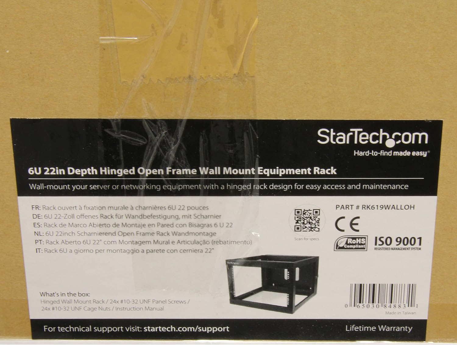 Startech.Com 6U 22-Inch Hinged Open Frame Rack Cabinet Wallmount Server Rack Components RK619WALLOH, Black image number 1
