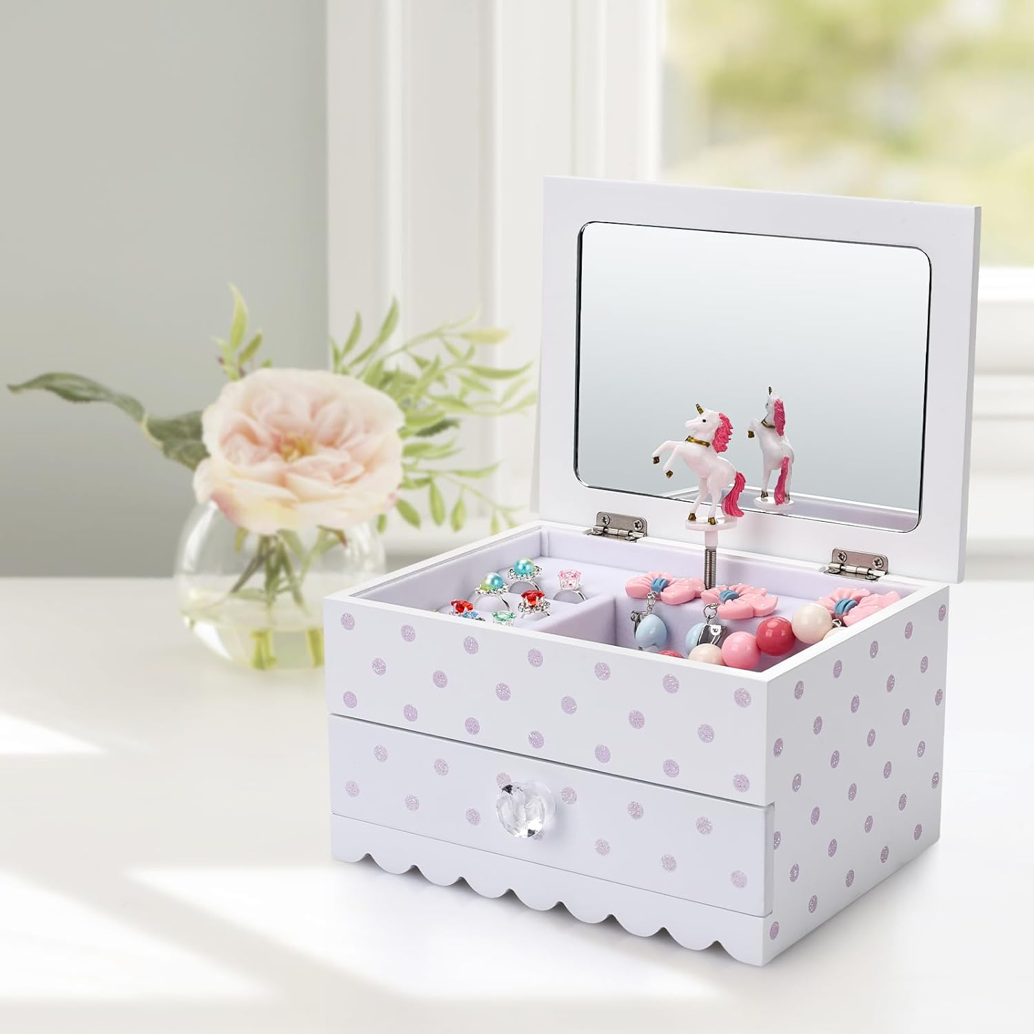 Bella Unicorn Musical Jewelry Box for Girls and Teens &ndash; Painted Wood Box with Sparkling Polka Dots &ndash; Dancing Little Unicorn &ndash; Charming Room D&eacute;cor and Childhood Memories Keepsake Box (White) image number 5