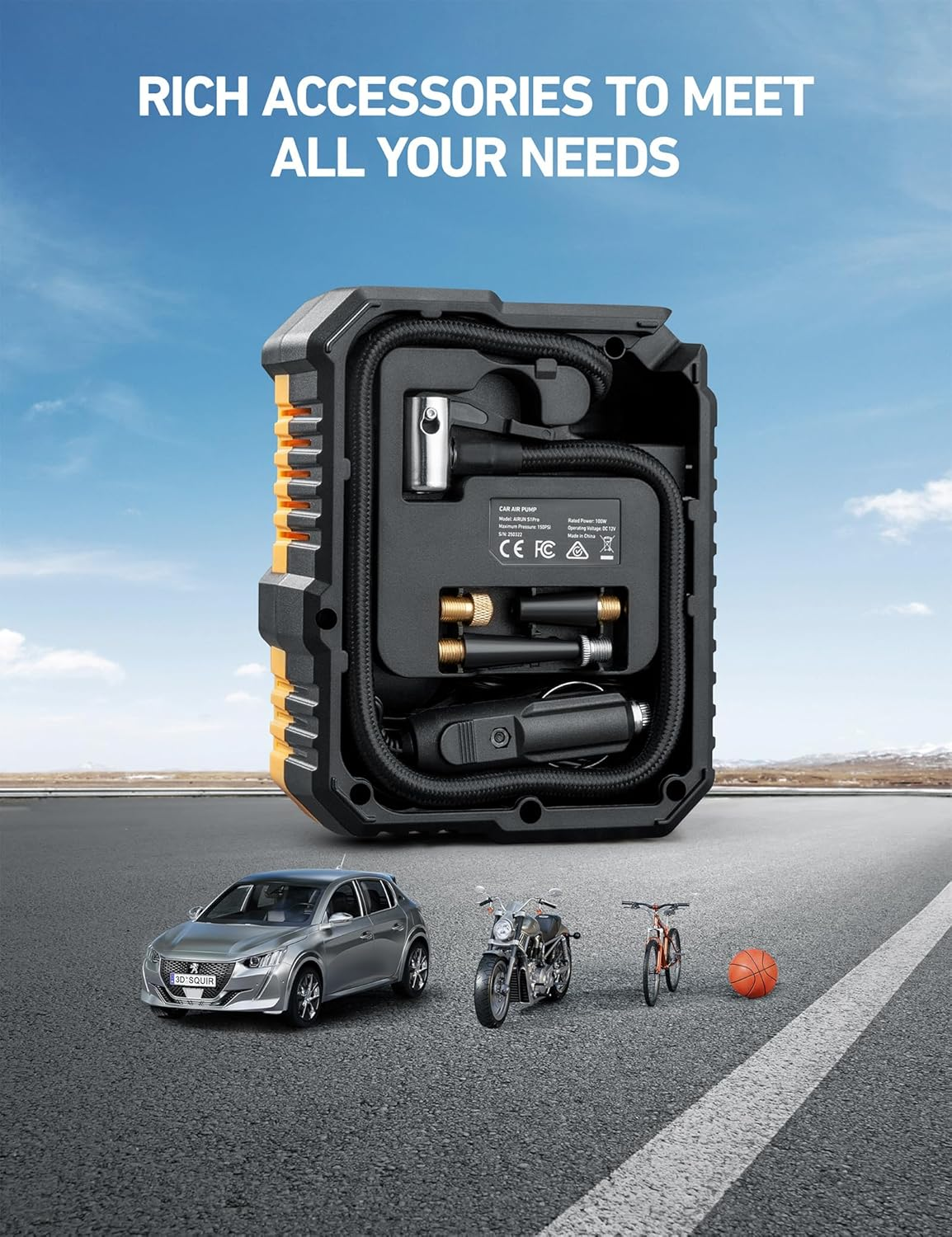 Astroai Car Tyre Inflator Air Compressor 12V DC, 150 PSI Digital Tyre Pump with Pressure Gauge, Large LCD Display, Smart Preset & Auto Stop, for Car, Motorcycle, Bike Tyres image number 6