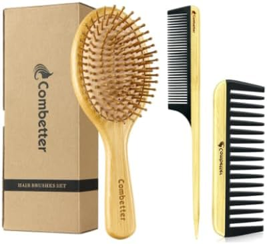 Bamboo Hair Brush Set, Natural Wooden Paddle Detangling Hairbrush, Eco-Friendly & Bakelite Durable Wide-Tooth Comb & Rat Tail Comb for Women, Men, Kid image number 4