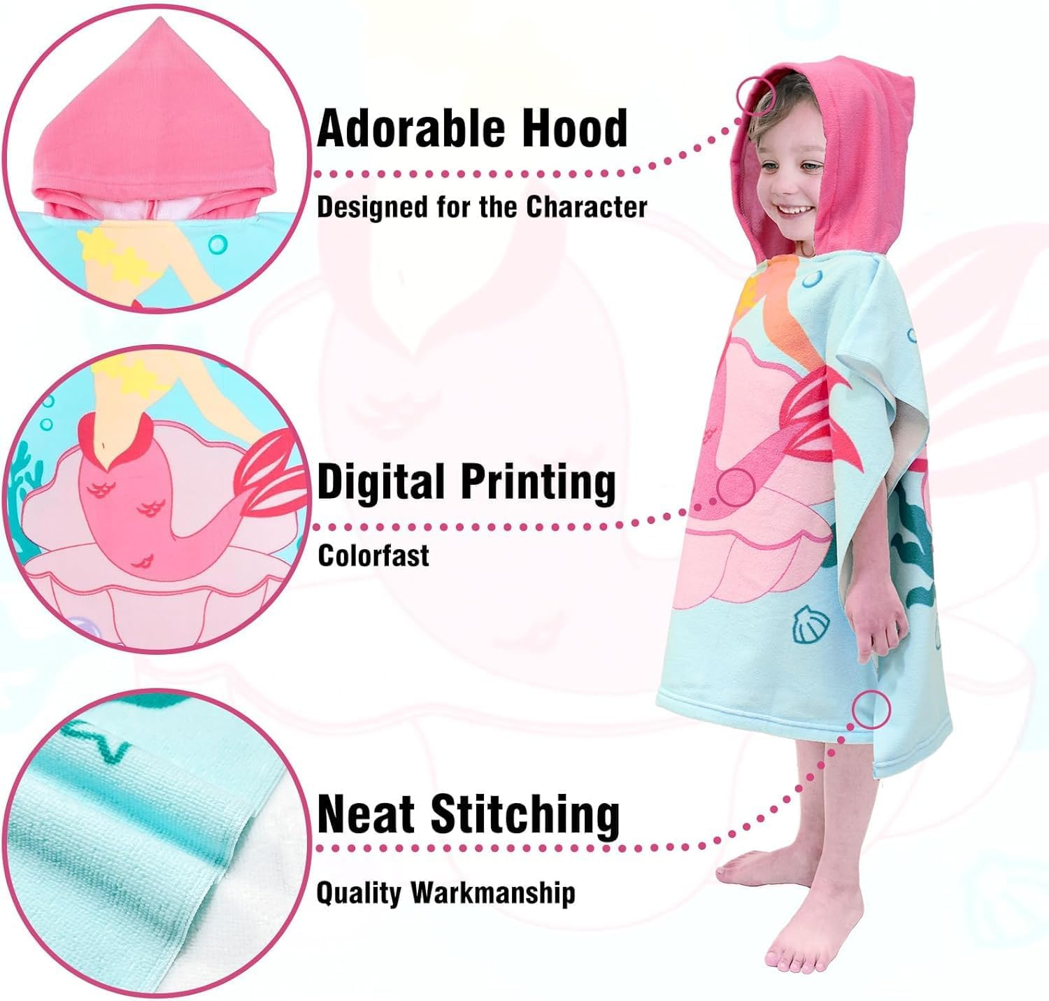 Hooded Kids Beach Towels - Toddler Bath Towel Girls Boys Swim Cover-Ups for Ages 1 to 6 Kids Pool Towels Quick Dry Lightweight Soft Microfiber Poncho Towel 60 X 120Cm (Mermaid Seashell) - Mermaid Seashell image number 2