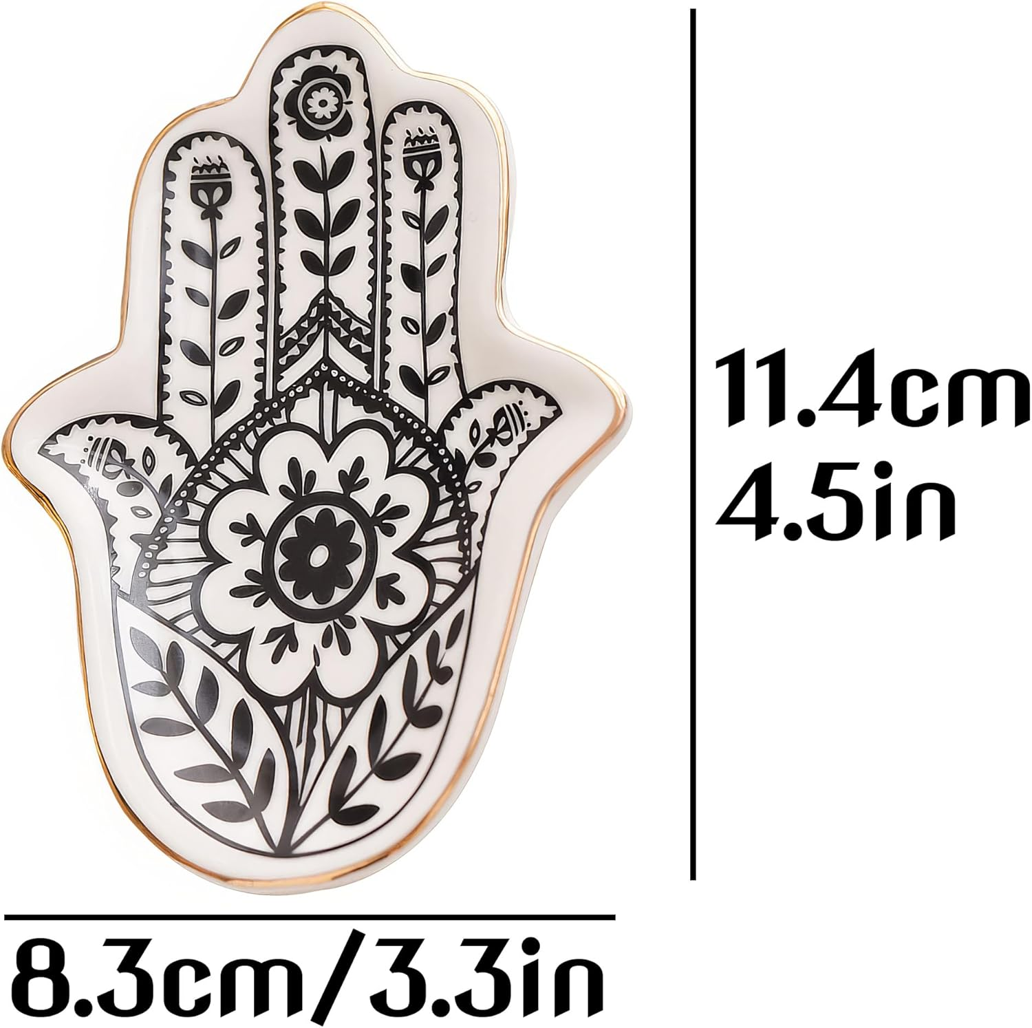 Hamsa Hand Ceramic Jewelry Tray - Home Decor Gold Trim Ring Dish & Small Item Organizer for Desk Vanity, Feng Shui Ornaments. image number 1