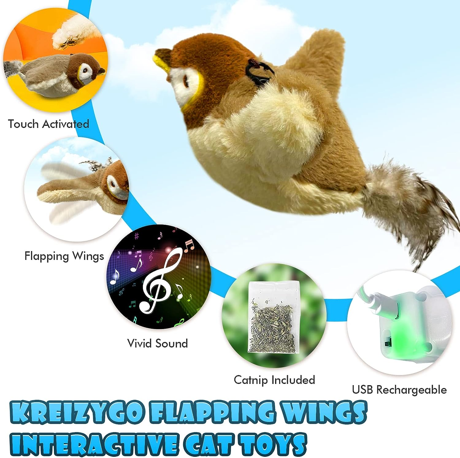 Kreizygo Cat Toys, Flapping Wings Sparrow, No Flying, Chirping Bird Interactive Catnip Toy for Kitten or Small Dogs, Touch Activated, Rechargeable - Bluebird image number 4