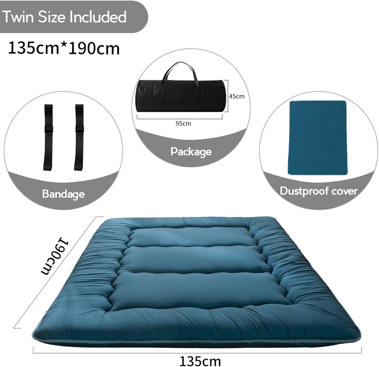 MAXYOYO Japanese Floor Mattress Futon Mattress, Thicken Tatami Mat Sleeping Pad Foldable Roll up Mattress Dormitory Mattress Pad Floor Lounger Pillow Bed (Bluestone, Double) image number 6