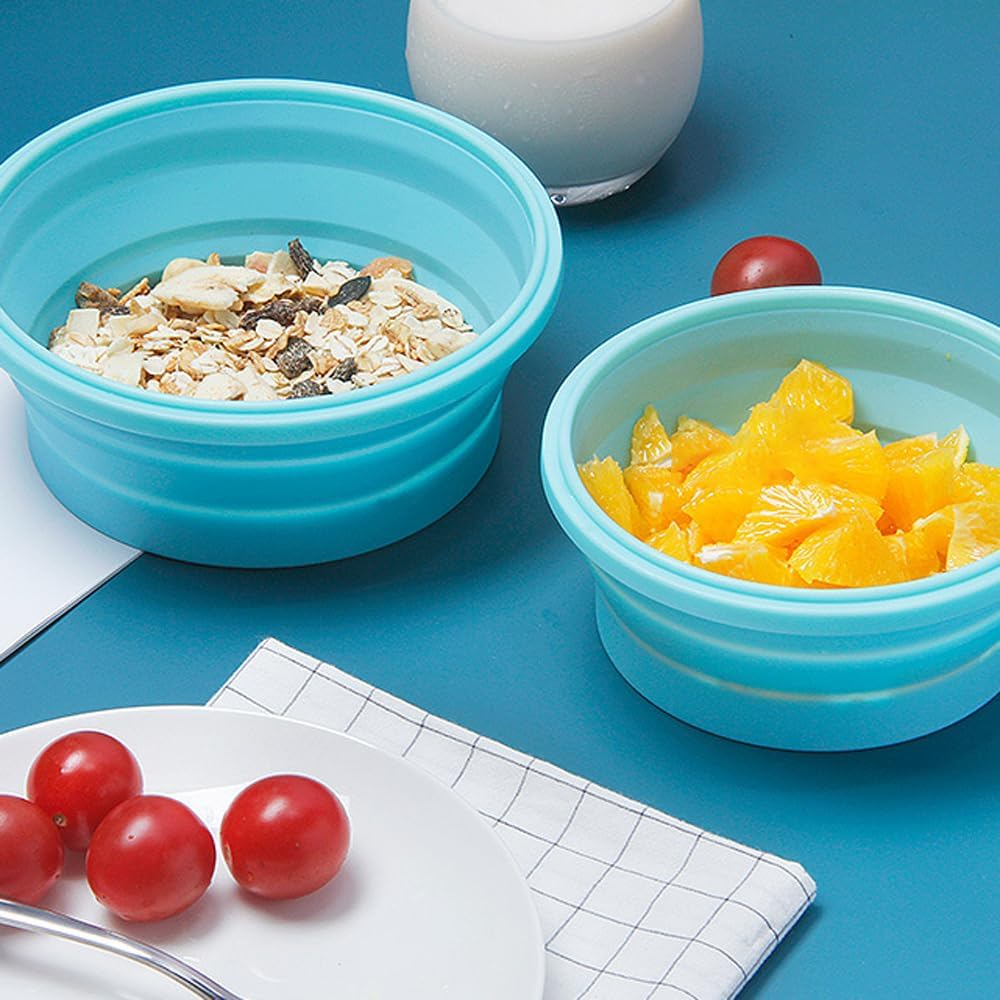 Lbxtswpl Collapsible Bowl, 2 Pieces with Lid Silicone Bowl with Fruit Fork for Camping Hiking Kitchen School Outdoor (Blue) image number 5