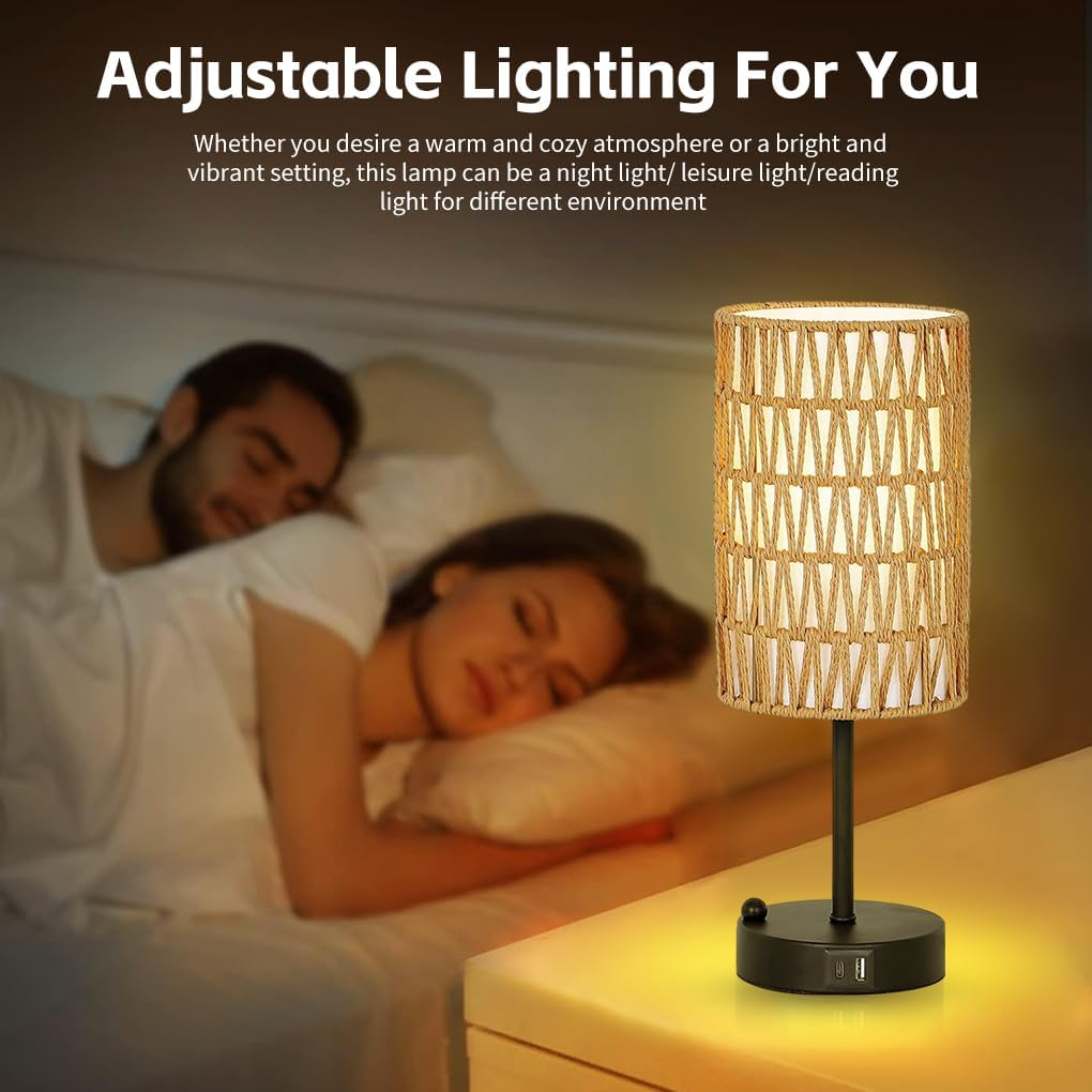 Clora Touch Bedside Lamp with USB A+C Charging Ports & 3-Way Dimmable, Rattan & Linen Shade Table Lamp with Phone Stand and 6W LED Bulb Nightstand Lamp for Bedroom Living Room Home Office (2 Pack)