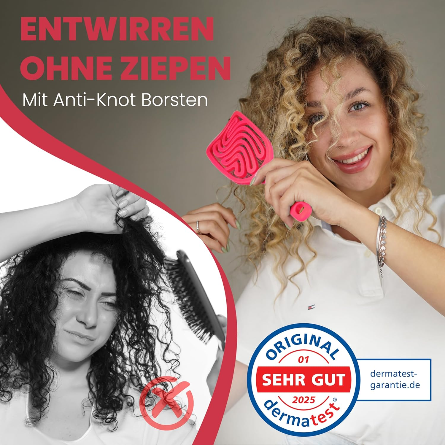 Walcora Hair Brush without Pulling, Detangling Brush & Detangler Brush for Women, Men & Children, for Curls, Wet, Fine & Long Hair, Hair Brush - Red image number 3