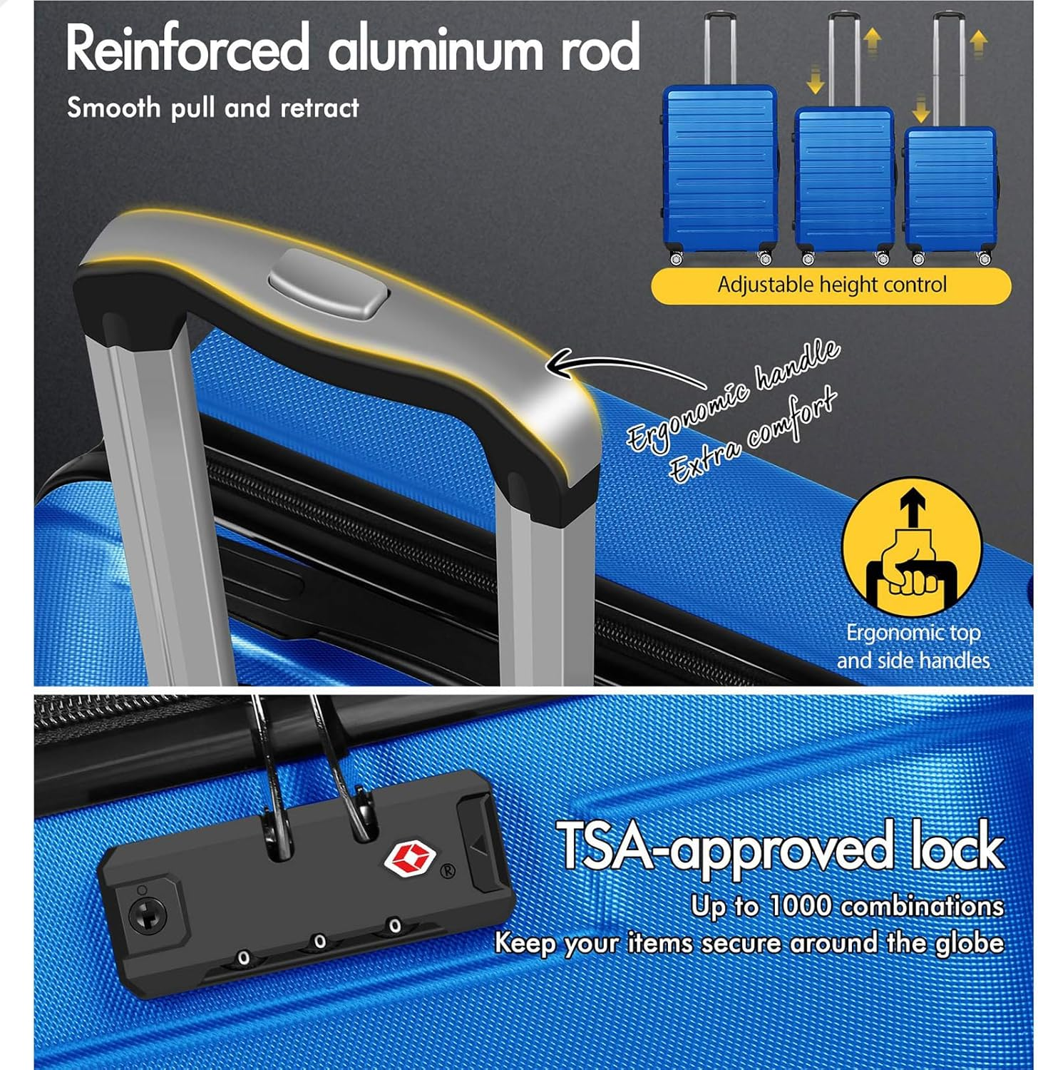 ALFORDSON 3Pcs Hardside Luggage Set with ABS & PC Hardshell and TSA Lock, 20" 24" and 28" Suitcase Set with 360 Degree Wheel Spinner, Carry-On & Checked Baggage 3-Piece Pack, Hero Blue - Green image number 6