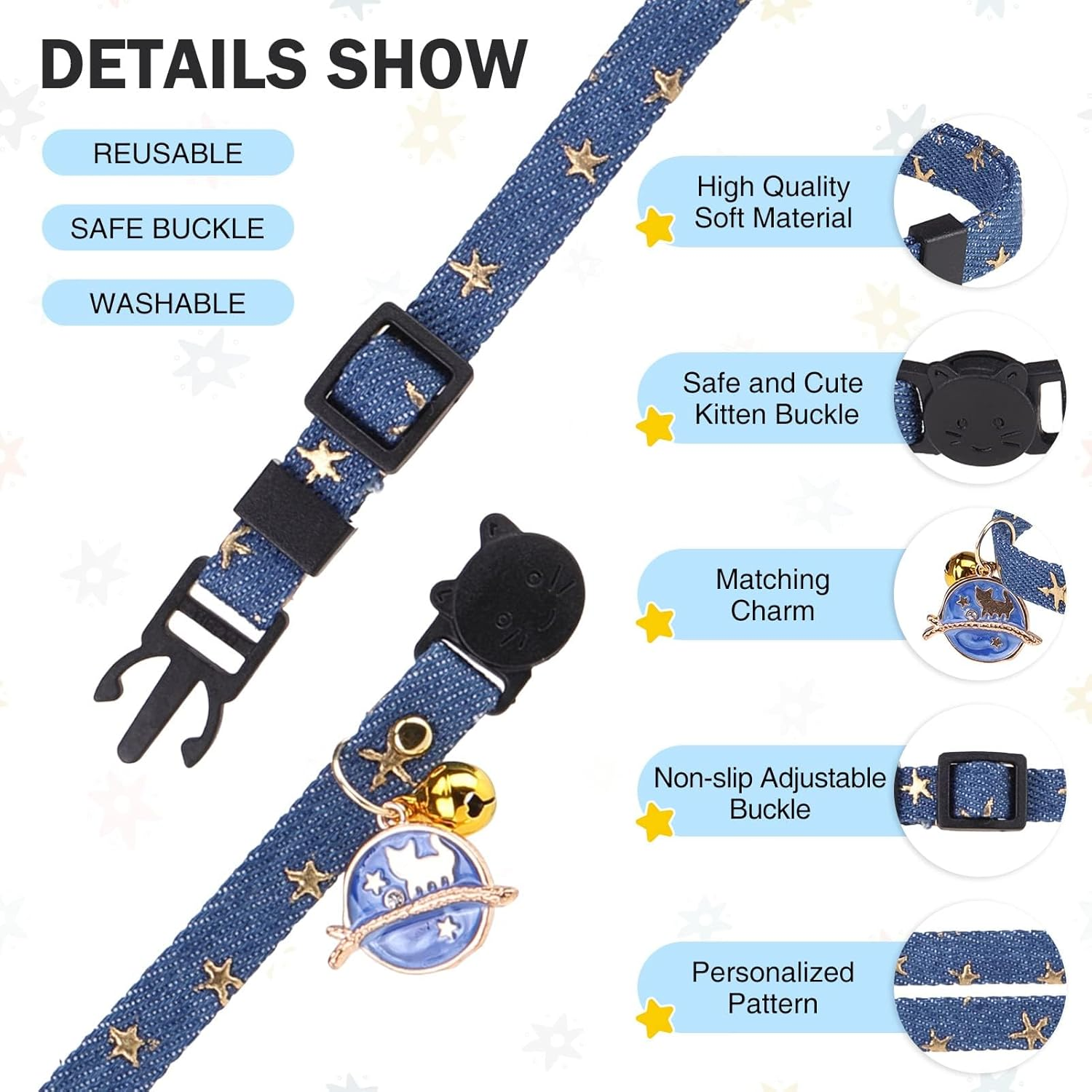3 Pack Breakaway Cat Collars with Bell- Moon and Stars Pendant Cat Collar for Girl Boy Cats with Safety Buckle- Cute Kitten Collar Adjustable 8"-12" for Kitty Puppy Small Pets image number 2