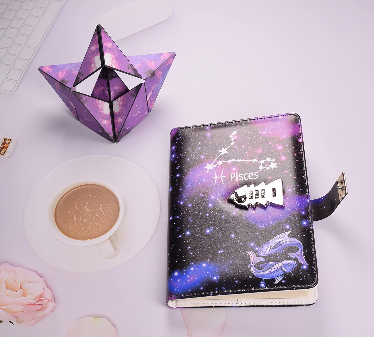 Junshop Locking Diary Combination Lock Journal Constellation Writing Diary A5 Starry Sky Lock Leather Notebook (Pisces)
