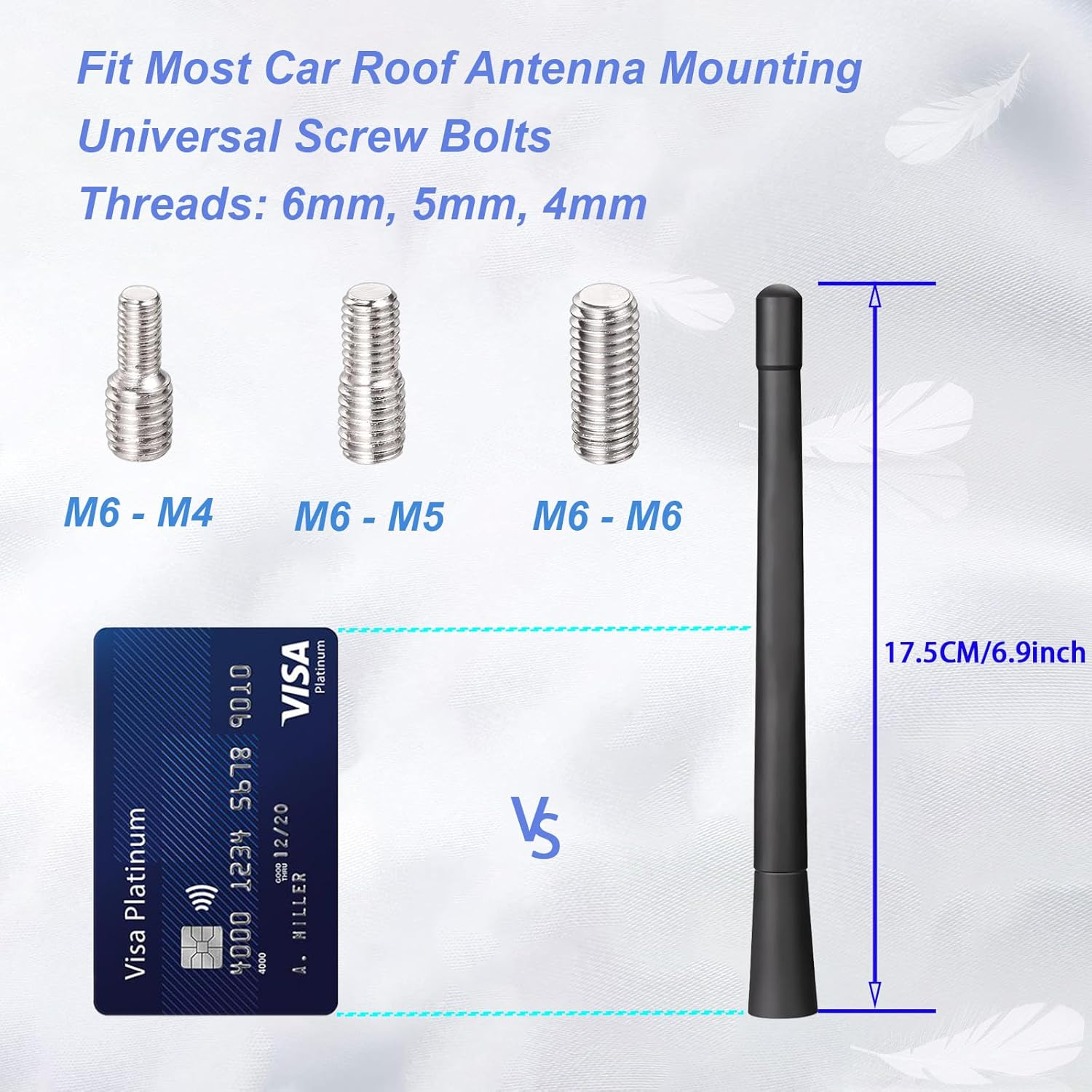AQTAQ Universal Vehicle Roof Mount Car Antenna Short 17.5Cm/6.9 Inch Car Radio Rod Antenna Replacement with High-Quality AM & FM Reception with M4 M5 M6 Threaded Adapter Suitable for Most Models Etc