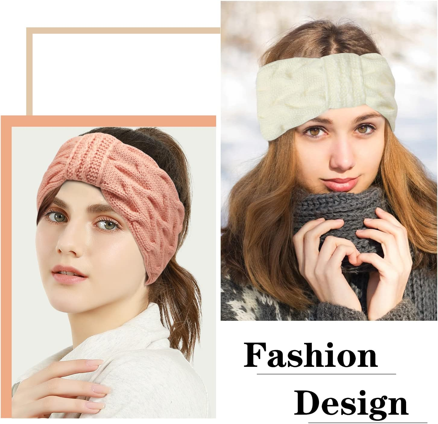 EYCLFY Women'S Winter Headband Women'S Winter Lined Fleece Hair Bands Elastic Headwrap Headband Crochet Women Hair Band Knitted Headband 2 Pieces (White + Pink) image number 1