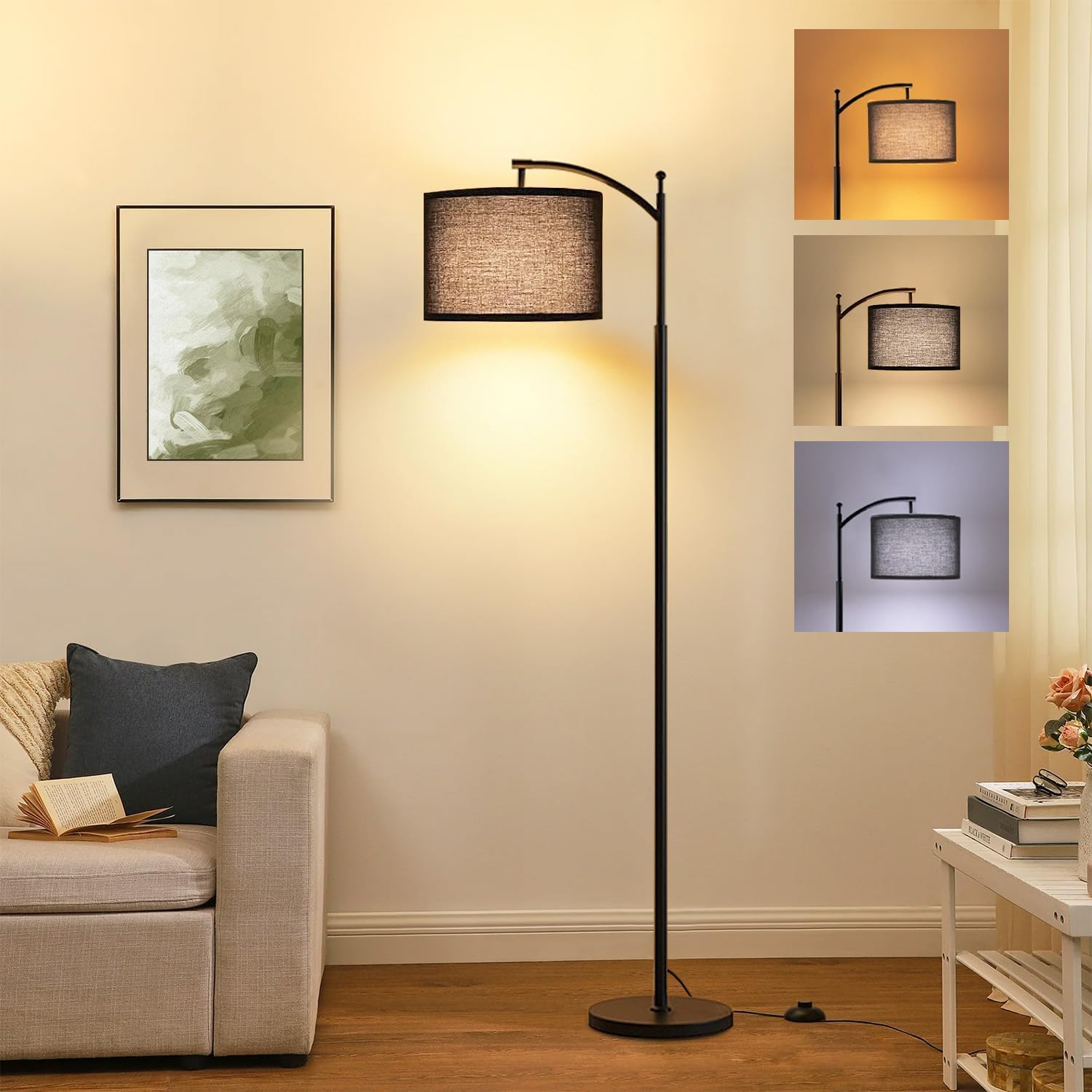61'' Floor Lamp for Living Room, Necomi Curved Floor Lamp, 3 Colour Temperatures 3000K-5000K, Modern LED Floor Lamp with 9W LED Bulb and Linen Shade (Adjustable), Bedroom Office Dining Room（Black image number 1