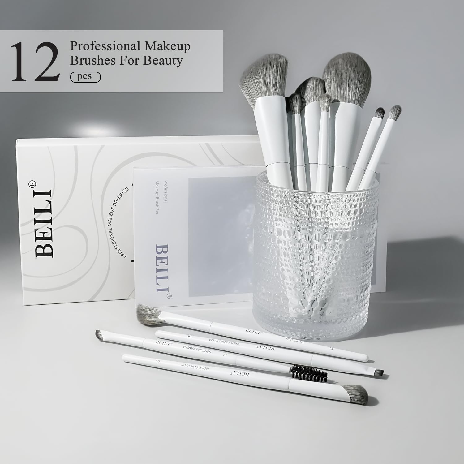 BEILI Makeup Brush Set,White Makeup Brush Set, 12 Vegan Makeup Brushes for Powder Foundation, Concealer, Eyebrows, Eyeshadow, Contour, Eyeliner, Blender Eye Brush (White) image number 5