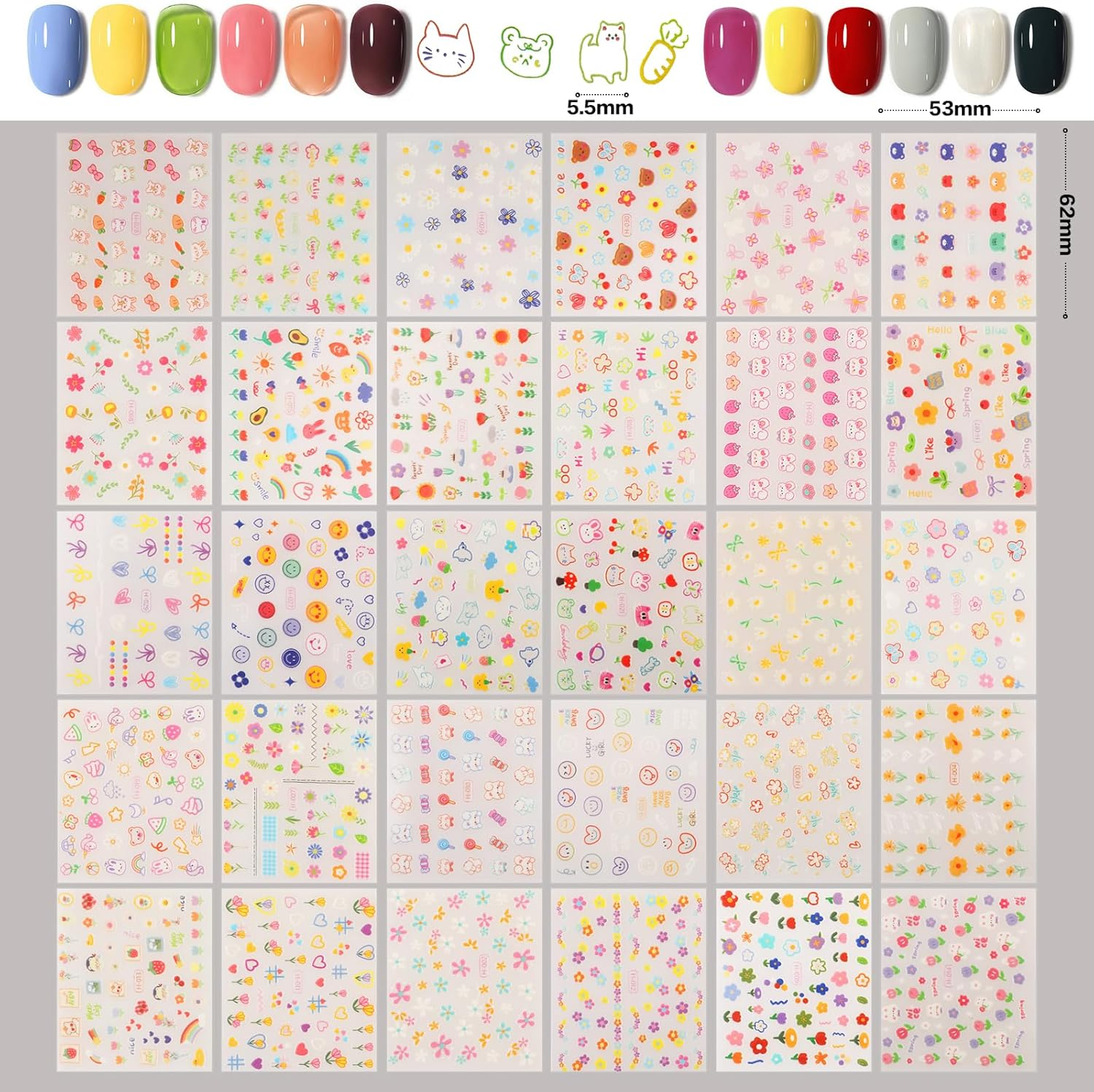 WD&CD 30 Sheets Colorful Cute Nail Art Stickers Decals Self Adhesive Nail Stickers Nail Art Supplies Colorful Flower Stickers Floral Rabbit Bear Heart Nail Designs Manicure Tips Charms Nail Decoration image number 3
