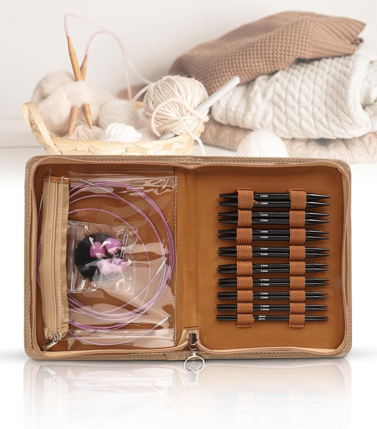 Gugxiom Interchangeable Circular Knitting Needle Set, 9 Pairs (3 to 8Mm), Metal, Ergonomic Handles, Storage Bag, for Weaving Projects image number 3