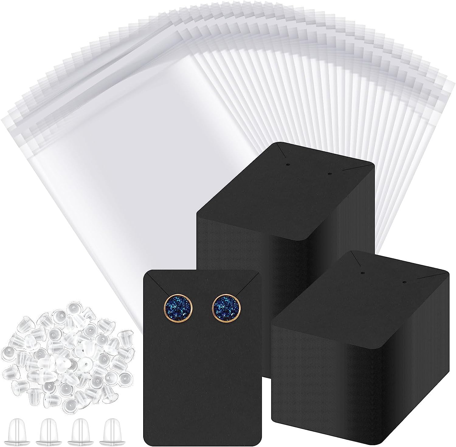 Hilitchi 550Pcs Square Earring Kit - 150Pcs 3.5"X2.4" Necklace Display Cards, 200Pcs Earring Backs, 200Pcs Self-Sealing Bags (Black/White/Brown)