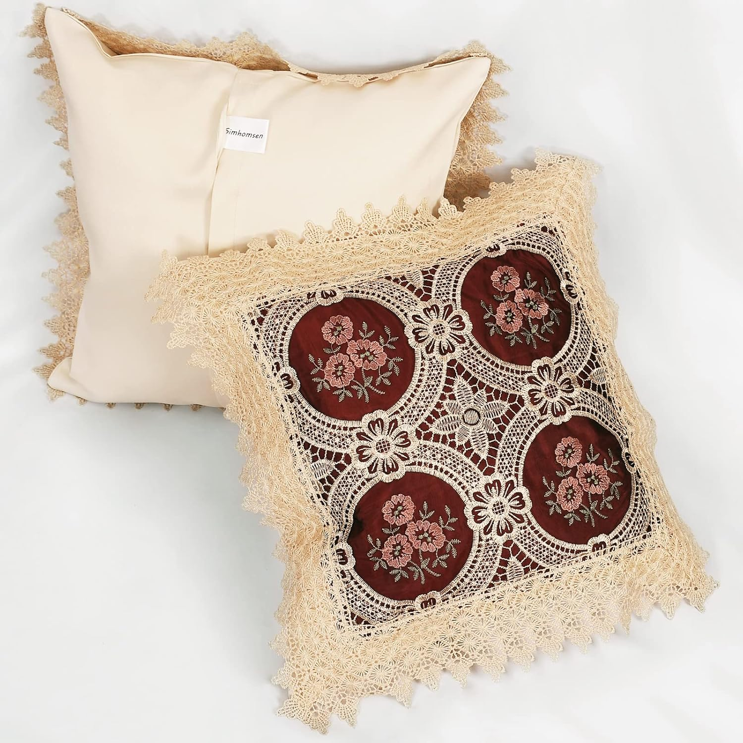 Simhomsen Set of 2 Decorative Lace Throw Pillow Case Shams Cushion Cover, Square 18 &times; 18 Inches, Vintage Look, Burgundy, Only the Cushion Cover, without Pillow Insert image number 5