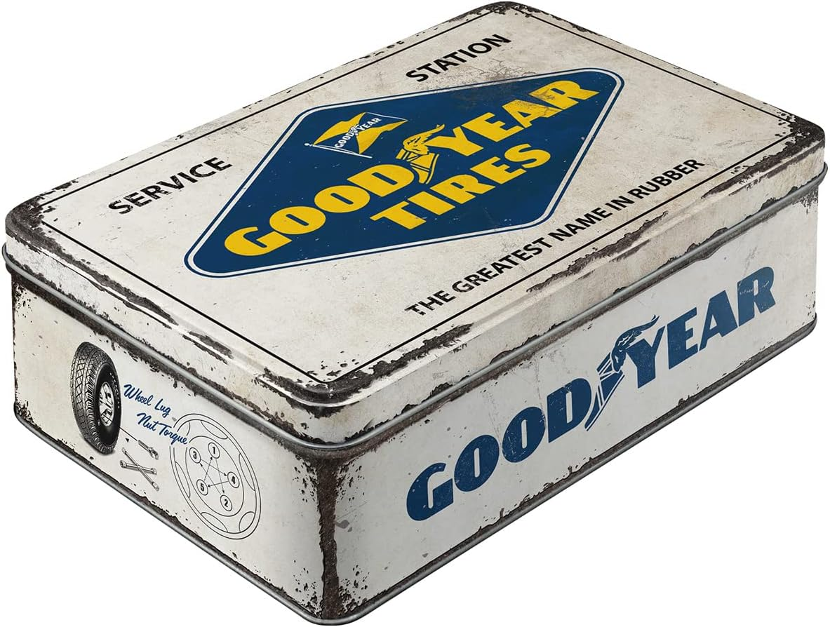 Nostalgic-Art 30745 Goodyear Logo White Biscuit Tin | Storage Box | Metal | with Hinged Lid Storage Jar Flat, Colourful, 23 X 16 X 7 Cm image number 2