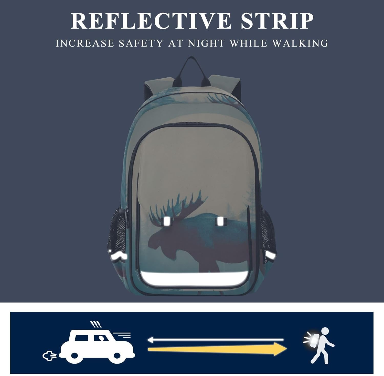 AIXIWAWA Kid'S Travel Backpacks Big Moon Moose Print for Boys Girls，Large Capacity Student School Bag with Reflective Stripe for Age 6 Above image number 2