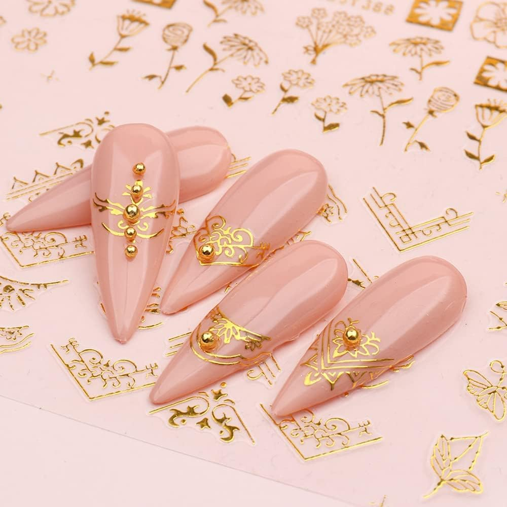 Flowers Nail Art Stickers Decal 3D Self-Adhesive Gold Flower Leaf Lace Nail Supplies Flower Nail Stickers Geometry Line Nail Designs for Women Girls Nail Art Decorations(Gold) image number 2