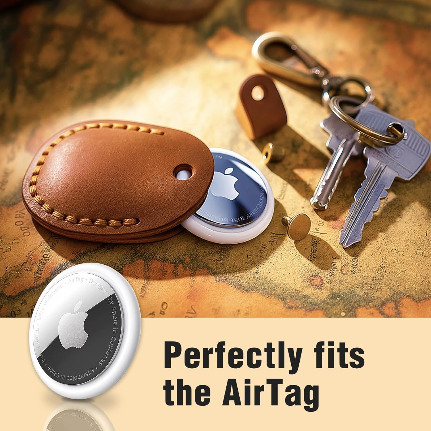 Leather Airtag Holder with Keychain, Portable Handmade Genuine Leather Air Tag Holder with Keyring Full Coverage