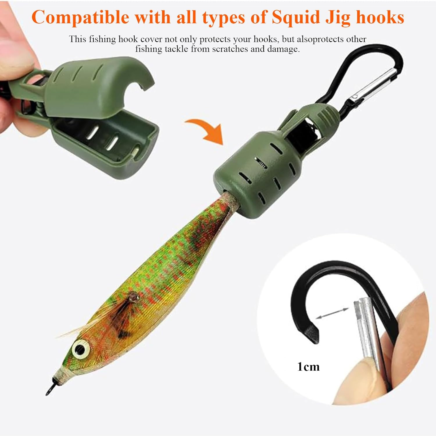 Rhoyee 6PCS Squid Jig Hook Covers with Carabiner &ndash; Durable Lure Safety Protectors for Fishing Bait & Squid Hooks, Universal Fit Hook Guard Case for Saltwater & Freshwater Anglers image number 2