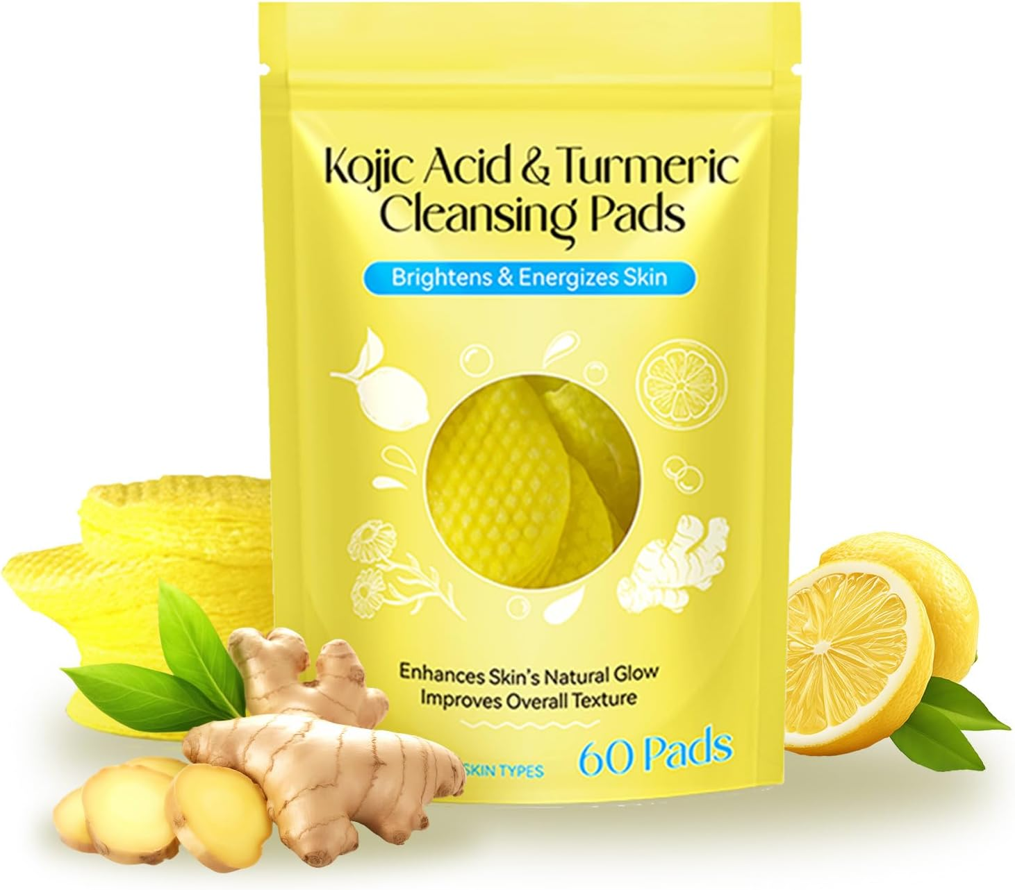 120Pcs Turmeric Kojic Acid Cotton Pads for Face,Deep Cleaning and Oil Controlexfoliating Pads,Arbutin Effectively Cleans the Stratum Corneum，Yellow image number 2